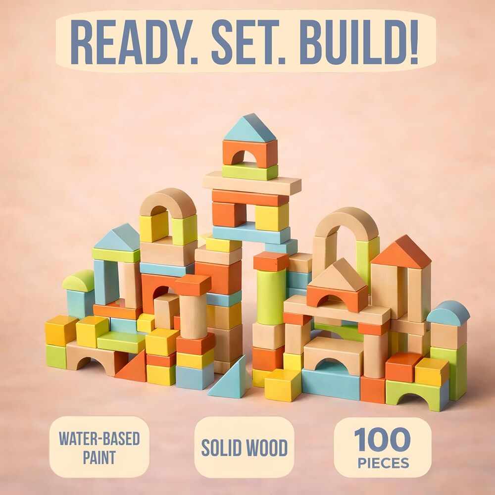 100-Piece Wood Building Blocks Set, Heavy Duty Shape-Sorter Lid & Bucket, Pastel - Picture 6 of 6